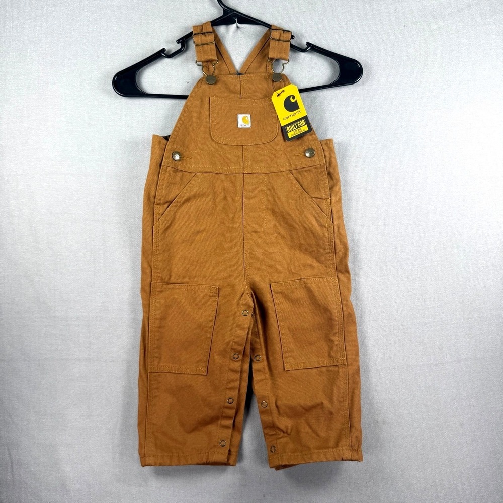 Carhartt Canvas Bib Overalls Kids Youth 18M Khaki Flannel Lined Adjustable Strap